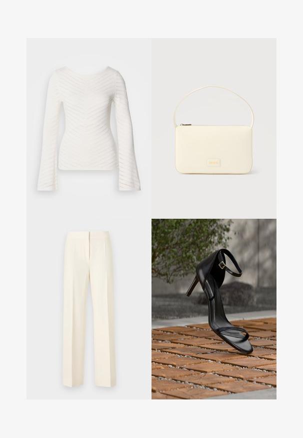 Haut blanc à manches longues avec une coupe ajustée, présentant des motifs en zigzag texturés et un col bateau. Confectionné en tissu doux et léger.; Pantalon droit sur mesure couleur blanc cassé avec pli avant, ceinture et fermeture avant dissimulée sur un fond uni.; Sandale noire à talon haut avec sangle à la cheville, suspendue au-dessus d'un sol en carreaux de bois à l'extérieur, avec un arrière-plan flou de verdure et de pierre.; Sac à main rectangulaire de couleur crème avec une seule sangle et une fermeture éclair sur le dessus, comportant une petite plaque de logo embossé à l'avant.