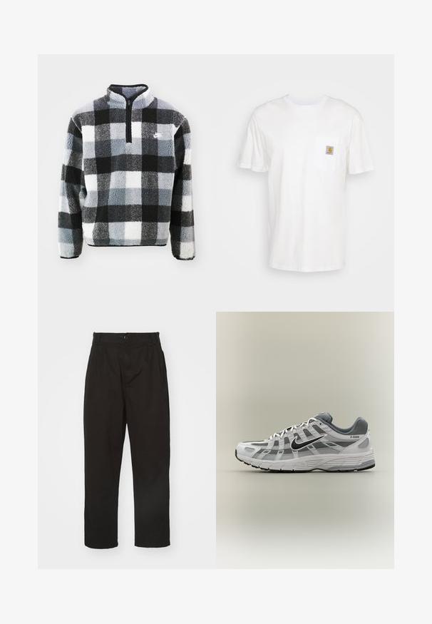 Sudadera de forro polar con media cremallera, que presenta un patrón de cuadros en negro, blanco y gris, superficie texturizada y pequeño logo en el pecho.; Camiseta de algodón blanca con mangas cortas, un bolsillo en el pecho y un pequeño parche cuadrado de logo en naranja y blanco en el bolsillo.; Pantalones negros de tela suave, con cierre de botón, corte recto y dos pliegues frontales que añaden detalle.; Zapatilla Nike P-6000 blanca y gris con swoosh negro, paneles de malla y suela texturizada, mostrada de perfil sobre un fondo neutro.