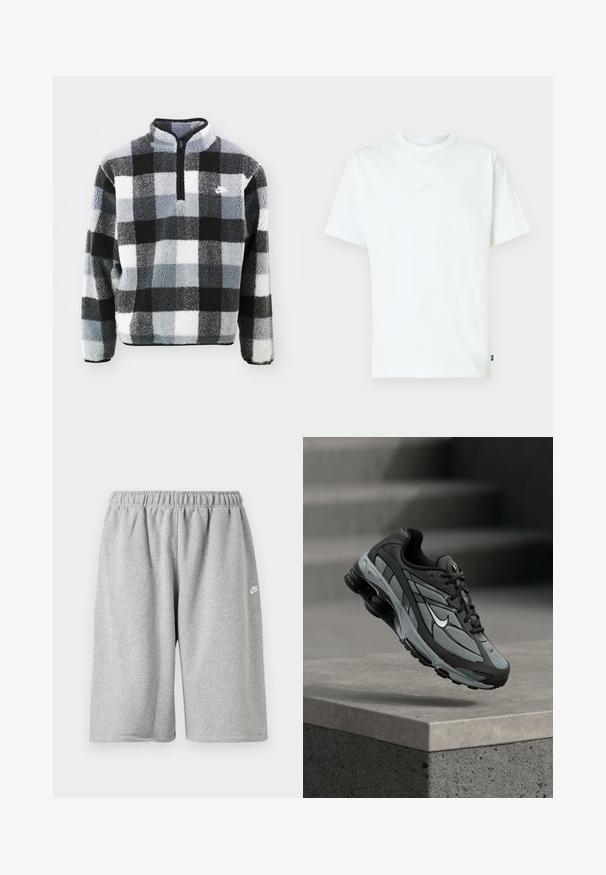 Fleece pullover med halvlukning, der har et sort, hvidt og gråt rutig mønster, tekstureret overflade og lille logo på brystet.; Hvid bomuld T-shirt med rund hals, korte ærmer og lille præget Nike-logo på brystet. Blød tekstur og afslappet pasform.; Grå bomuldsshorts med elastik i taljen, med løs pasform og et lille hvidt logo nær kanten. Glat tekstur, længde over knæet.; Grå og sort atletiksko med meshpaneler og tyk sål, placeret i luften over en betonliste med trapper i baggrunden.