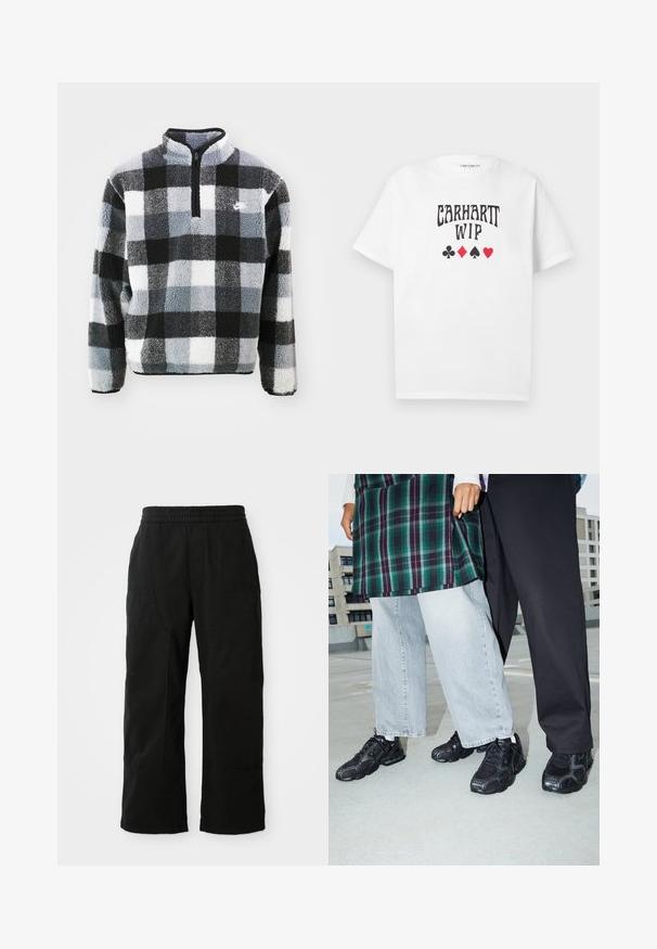 Fleece pullover med halvlukning, der har et sort, hvidt og gråt rutig mønster, tekstureret overflade og lille logo på brystet.; Hvid T-shirt med korte ærmer med teksten "CARHARTT WIP" og fire spillekortsymboler (klør, ruder, spar, hjerter) centreret på brystet.; Sorte bomuldsbukser med elastisk talje, vid bendesign og store sidelommer. Stoffet virker blødt med en glat tekstur.; Sorte atletik sko med mesh- og gummidetaljer. Båret med lysegrå vide jeans og en ternet grøn bluse. Flad overflade i baggrunden.