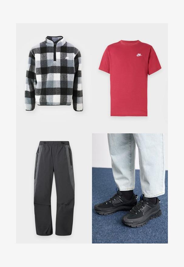 Fleece pullover med halvlukning, der har et sort, hvidt og gråt rutig mønster, tekstureret overflade og lille logo på brystet.; Rød Nike T-shirt med korte ærmer, hvidt logo på venstre bryst, rund halsudskæring og ensfarvet design på neutral baggrund.; Mørkegrå og sorte vandrebukser med elastik i taljen og lynlåslommer i siderne, designet til udendørsaktiviteter.; Sorte træningssko med tekstureret stof og gummisåler, udstyret med elastiske snørebånd og en blå detalje på hælen. Bæres med lyse denimbukser.