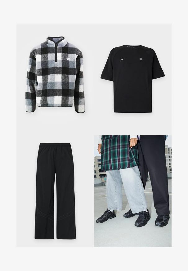 Fleece-Pullover mit halb offener Reißverschluss, ausgestattet mit einem schwarz-weißen-grauen Karomuster, strukturierter Oberfläche und kleinem Logo auf der Brust.; Schwarzes Nike-Sportshirt mit kurzen Ärmeln, weißem Swoosh-Logo auf der linken Brust und kleinem quadratischem Emblem auf der rechten Brust, einfarbiger Hintergrund.; Schwarze, weit geschnittene Hose aus leichtem Stoff mit elastischem Bund und dezent geschwungenen Steppnähten am Saum.; Schwarze Sportschuhe mit Mesh- und Gummielementen. Kombiniert mit hellgrauen weiten Jeans und einem karierten grünen Oberteil. Flacher Hintergrund.