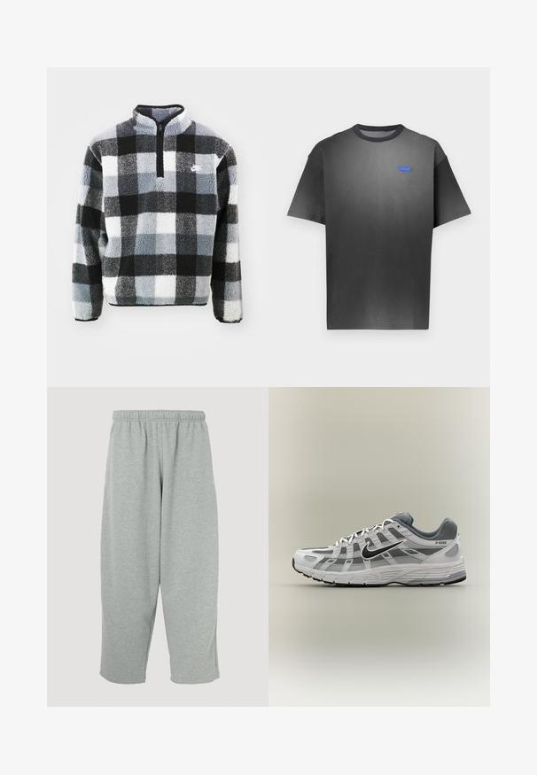Fleece pullover med halvlukning, der har et sort, hvidt og gråt rutig mønster, tekstureret overflade og lille logo på brystet.; Grå T-shirt med korte ærmer, der har en subtil gradient, rund hals og et lille blåt logo på brystet. Glat stofstruktur.; Lysegrå joggingbukser med elastisk taljebånd, konisk ben-design og blød tekstur. Ingen synligt mærke eller mønstre.; Hvid og grå Nike P-6000 sneaker med sort swoosh, meshpaneler og tekstureret sål, vist i sideprofil på neutral baggrund.