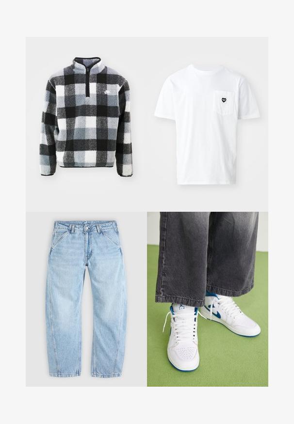 Sudadera de forro polar con media cremallera, que presenta un patrón de cuadros en negro, blanco y gris, superficie texturizada y pequeño logo en el pecho.; Camiseta blanca de algodón con cuello redondo y mangas cortas, que presenta un pequeño logo de bolsillo en forma de corazón negro. Diseño sencillo, corte estándar.; Vaqueros de mezclilla azul claro con un corte holgado, cierre frontal con botón y cremallera, bolsillos delanteros inclinados y trabillas para cinturón.; Zapatillas altas blancas con acentos azules, caja de puntera perforada y cordones blancos. Llevadas con pantalones de mezclilla grises sueltos sobre una superficie verde.