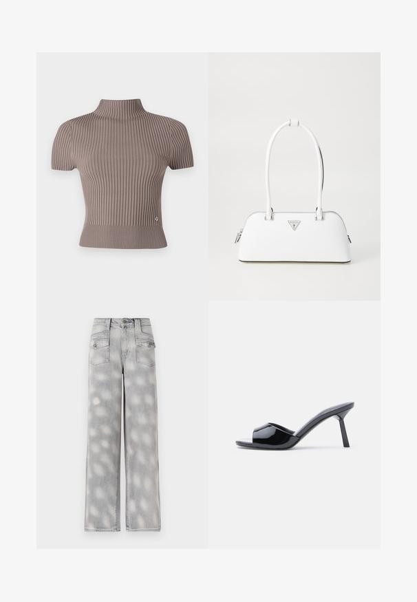 Haut gris à côtes à manches courtes avec un col haut. Présente une coupe ajustée et un petit logo près de l'ourlet. Texture lisse.; Jean large en denim gris clair avec taille haute, quatre poches et un motif délavé pour un ajustement décontracté.; Sandales à talons ouverts en cuir verni noir, avec un design supérieur incurvé et un talon aiguille effilé. Finition lisse et brillante.; Sac à main en cuir blanc avec une forme courbée, présentant un logo triangulaire argenté et une fermeture à glissière. Texture lisse et doubles poignées.