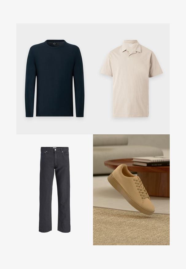 Pull à manches longues bleu marine à col rond, coupe slim, avec un détail subtil de couture verticale au centre.; Polo beige à manches courtes avec col et encolure partiellement ouverte, présenté sur un fond clair uni.; Jean en denim noir à coupe droite avec fermeture avant par bouton et fermeture éclair, passants de ceinture et style cinq poches, présenté sur fond blanc.; Baskets beiges à lacets flottant au-dessus d'un tapis texturé avec une table basse en bois et des livres empilés en arrière-plan flou.