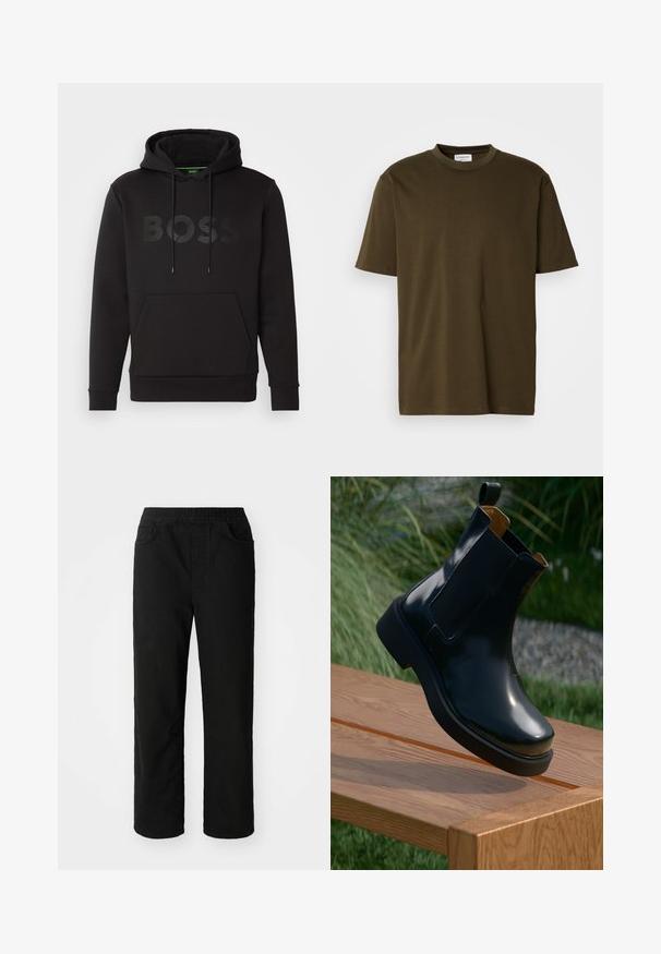 Sudadera negra de tela suave con un bolsillo tipo canguro en la parte frontal, capucha ajustable con cordones y un gran logo tonal de BOSS en el pecho.; Camiseta de cuello redondo de manga corta en un tono verde oliva liso, con una etiqueta de marca blanca visible en el cuello, presentada sobre un fondo blanco.; Pantalones de algodón negros con un ajuste relajado, cinturilla elástica, dos bolsillos delanteros y piernas rectas. Textura suave sin patrones visibles.; Botín chelsea de cuero negro con acabado suave, paneles laterales elásticos, punta redondeada y suela de goma gruesa, posicionado sobre una superficie de madera.
