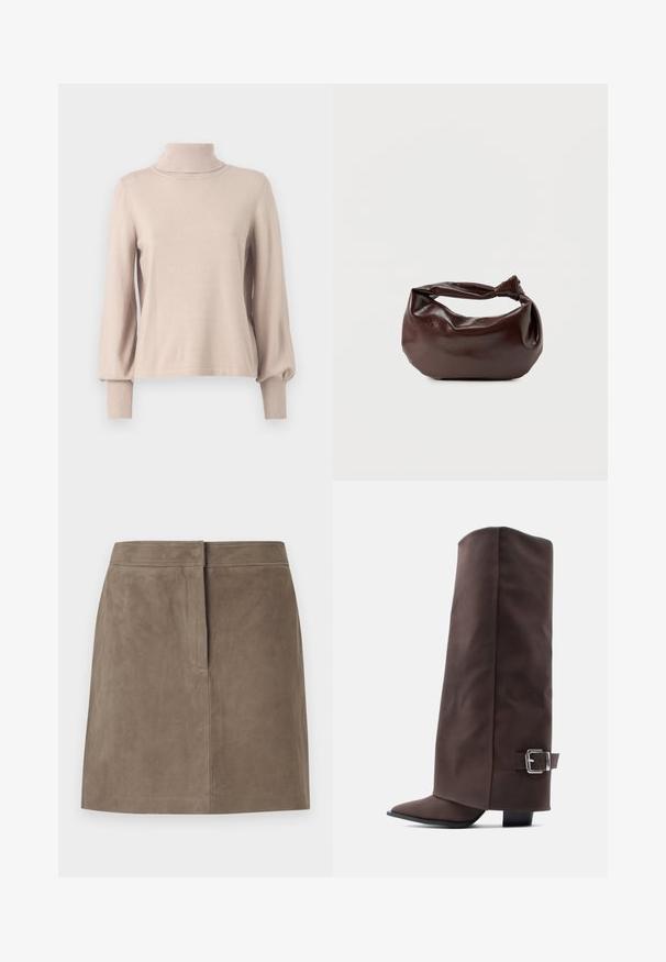 Pull à col montant beige en tissu doux, avec de longues manches bouffantes, des poignets côtelés et une silhouette ajustée. Texture lisse.; Jupe en suede taupe, longueur genou, avec une coupe droite et un détail de couture dissimulé à l'avant, sur fond uni.; Bottes marron montant jusqu'aux genoux, en matériau lisse, avec un bout pointu, un talon bas et un accent en boucle métallique sur le côté.; Sac bandoulière en cuir marron foncé avec une forme souple et décontractée et une anse nouée torsadée sur un fond blanc uni.