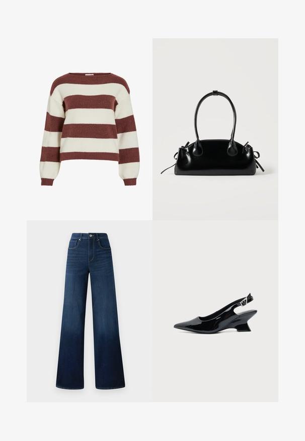 Pull rayé en bordeaux et crème, fabriqué dans un tricot doux et texturé. Présente un col large et des manches ballon avec des poignets côtelés.; Jean large bleu foncé en denim, avec taille haute, cinq poches et coutures contrastantes le long des coutures.; Chaussure slingback en cuir verni noir avec bout pointu et petit talon bloc incliné sur fond clair uni.; Petit sac à main noir brillant avec deux longues anses et des détails à cordon sur les côtés sur un fond clair uni.