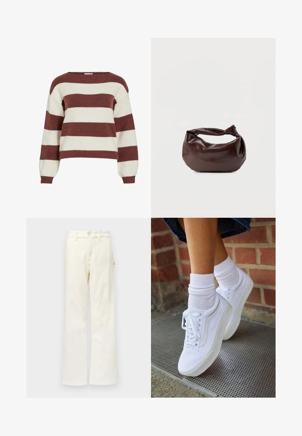 Pull rayé en bordeaux et crème, fabriqué dans un tricot doux et texturé. Présente un col large et des manches ballon avec des poignets côtelés.; Good American GOOD 90S CARPENTER - Wide Leg - white denim; Baskets en toile blanches avec semelles en caoutchouc, dotées de six œillets, d'un bout rond et de détails de couture légers, portées avec des chaussettes blanches mi-mollet.; Sac bandoulière en cuir marron foncé avec une forme souple et décontractée et une anse nouée torsadée sur un fond blanc uni.
