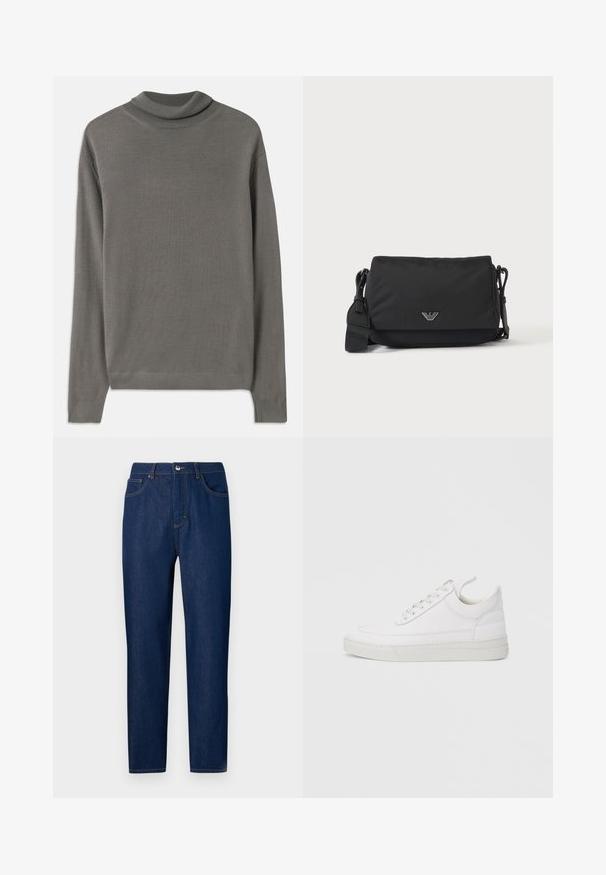 Grå turtleneck sweater lavet af blødt, let stof. Har lange ærmer og en ribbet halsudskæring med en glat overflade hele vejen igennem.; Les Benjamins Jeans Straight Leg - rinse wash; Hvid lædersneaker med rundet tå, flad sål og snørebånd foran. Har syningsdetaljer og polstret krave for komfort.; Sort crossbody taske med justerbar rem og lille sølv logoemblem på frontklap, vist på ensartet lyst baggrund.
