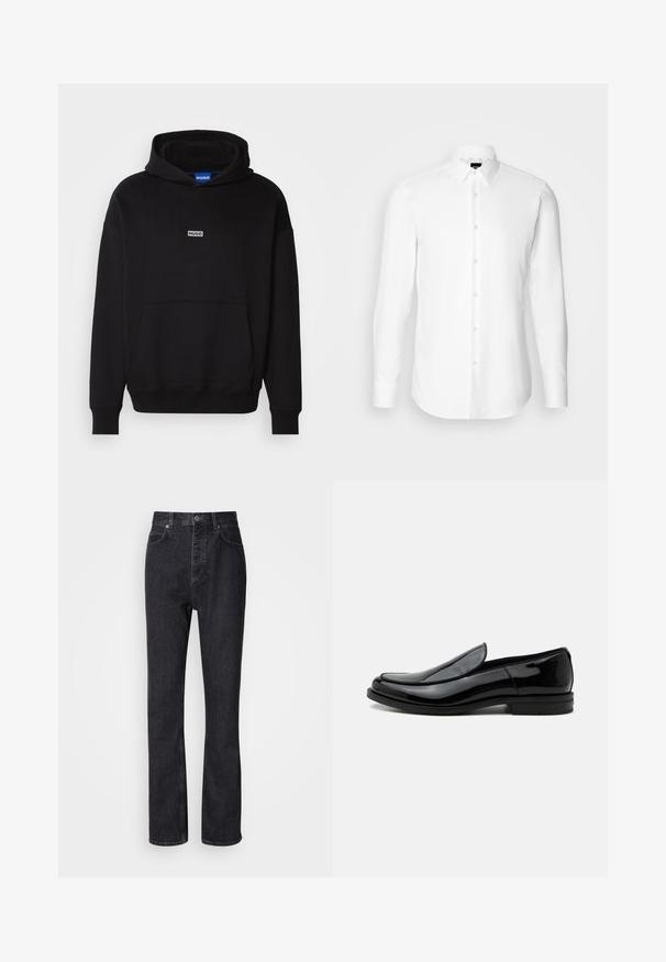 HUGO NAZARDO - Hoodie - black; Witte blouse met lange mouwen, knoopsluiting aan de voorkant, klassieke kraag, gemaakt van gladde stof met een subtiele textuur, ontworpen voor een aansluitende pasvorm.; Hoge taille zwarte denim jeans met een knoop- en ritssluiting, voor- en achterzakken en een rechte pasvorm.; Zwarte glanzende leren instapschoenen met lage hak en afgeronde neus, zijaanzicht op een witte achtergrond.