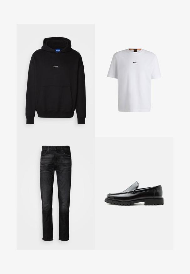 HUGO NAZARDO - Hoodie - black; Witte katoenen T-shirt met korte mouwen, voorzien van een zwart "BOSS"-logo in het midden van de borst en een ronde halsontwerp.; Zwarte denim jeans met een rechte pasvorm, ontwerp met vijf zakken, subtiele vervaging en een knoopsluiting. Klassieke stijl, geschikt voor casual dragen.; Zwarte leren loafer met dikke rubberen zool, gestikte bovenkant en gegraveerde merknaam op de hiel, zijaanzicht op witte achtergrond.
