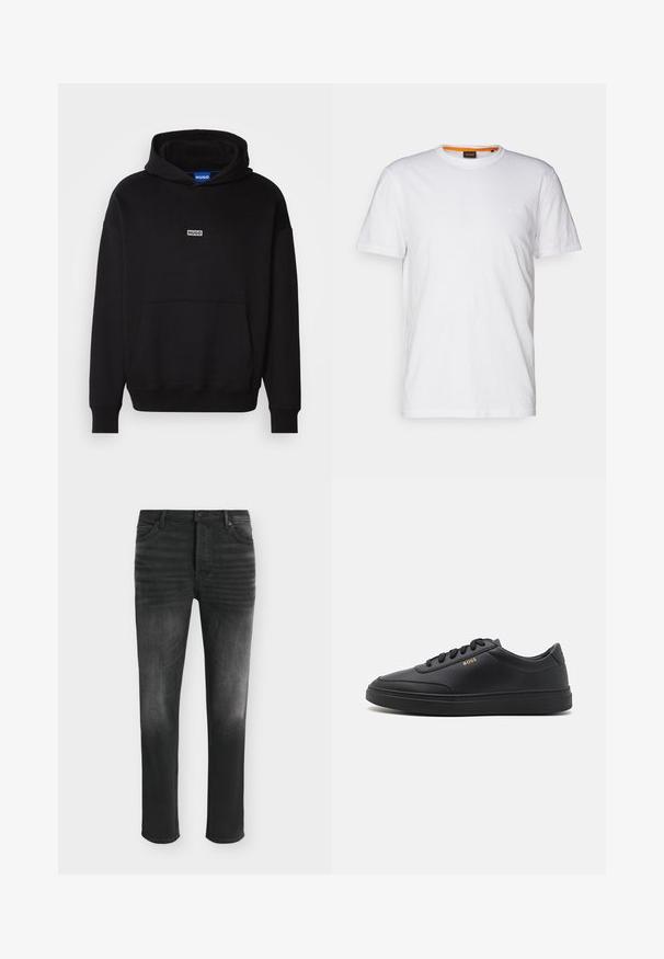 HUGO NAZARDO - Hoodie - black; Witte katoenen T-shirt met ronde hals, korte mouwen en een subtiel reliëflogo op de borst. Het binnenlabel heeft een oranje accent.; Zwarte skinny-fit jeans met vervaagde details, vijfzakkenstijl en knoopsluiting in de taille.; Zwarte leren sneakers met een gladde textuur, ronde neus, platte rubberen zool en tonale veters. Kenmerkt zich door de gouden "BOSS" branding aan de zijkant.