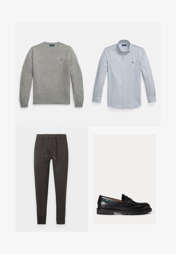 Suéter gris de punto con mangas largas, puños y dobladillo acanalados, con un pequeño logo bordado en el pecho izquierdo. Diseño clásico de cuello redondo.; Camisa abotonada con patrón de cuadros vichy en azul y blanco, material de algodón, mangas largas y cuello clásico. Logo bordado en el pecho.; Pantalones de chándal gris oscuro hechos de material suave, con cintura elástica con cordón, piernas ajustadas y puños en el tobillo.; Mocasín de cuero negro con suela gruesa, puntera redondeada y etiqueta verde con el logo Polo en el lateral.