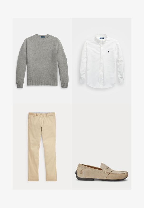 Suéter gris de punto con mangas largas, puños y dobladillo acanalados, con un pequeño logo bordado en el pecho izquierdo. Diseño clásico de cuello redondo.; Camisa blanca de botones hecha de algodón. Presenta un collar puntiagudo, mangas largas y un pequeño logo en color marino en el pecho. Textura suave.; Pantalones beige de corte recto con trabillas para cinturón y cremallera frontal, colocados planos sobre un fondo blanco.; Mocasines de ante beige con detalle cosido, suela de goma plana y un pequeño logotipo en el lateral. Diseño clásico de slip-on, textura suave.