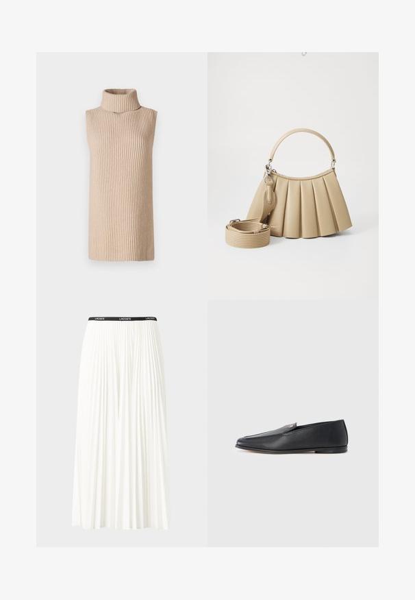Beige ærmeløs turtleneck top med ribbede detaljer, der har en høj krave og en lige silhuet, præsenteret mod en ensfarvet baggrund.; Plisseret hvid nederdel med en sort elastisk talje, der har "LACOSTE"-logoet. Mellemlang design med blød tekstur.; Sorte læderloafers med en glat tekstur, rundet tå og subtile syningsdetaljer. Har en guldfarvet logoaccent på oversiden.; Lacoste S LENGLEN BAG - Håndtasker - viennois