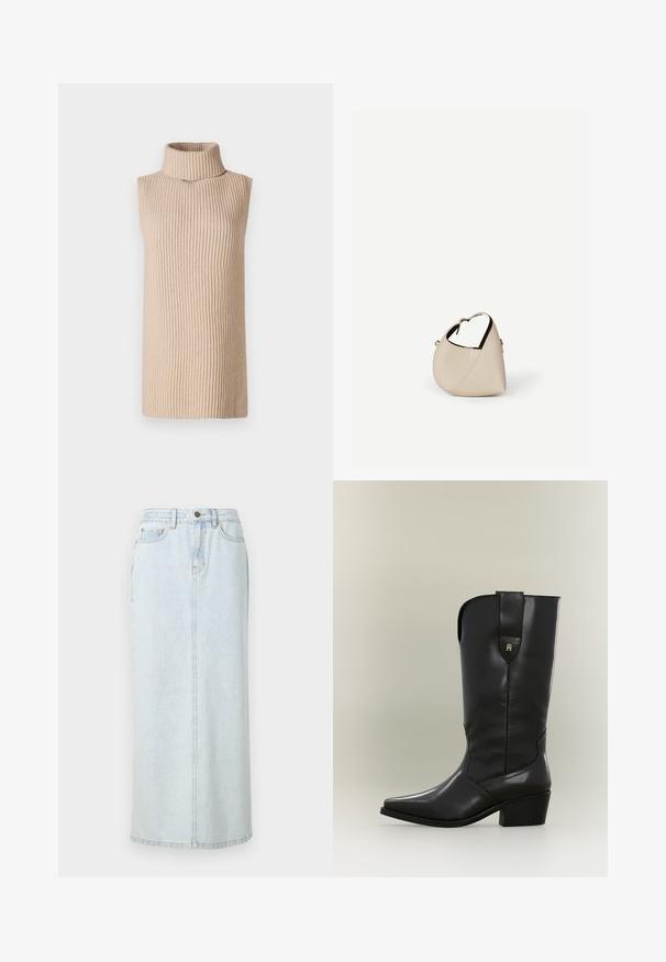 Haut sans manches beige à col roulé avec une texture à côtes, présentant un col haut et une silhouette droite, sur un fond uni.; Jupe maxi en denim bleu clair avec un design droit, fermeture à boutons sur le devant et couture visible. Elle comporte deux poches avant.; Botte de cow-boy haute en cuir noir avec bout pointu, talon épais et languette avec un petit logo doré.; Sac à main en cuir beige en forme de croissant avec une seule bandoulière et des coutures minimalistes, posé sur un fond blanc uni.