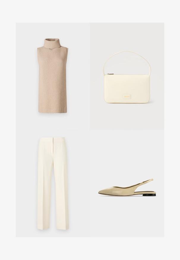 Beige ærmeløs turtleneck top med ribbede detaljer, der har en høj krave og en lige silhuet, præsenteret mod en ensfarvet baggrund.; Kremhvide skræddersyede bukser med lige ben, frontbøjle, linning og skjult lukning foran mod en ensfarvet baggrund.; Beige spids tå slingback flad sko med lav sort hæl og en glat læderfinish, vist fra siden på en ensfarvet baggrund.; Kremfarvet rektangulær håndtaske med en enkelt rem og lynlås øverst, med en lille præget logo-plakette foran.