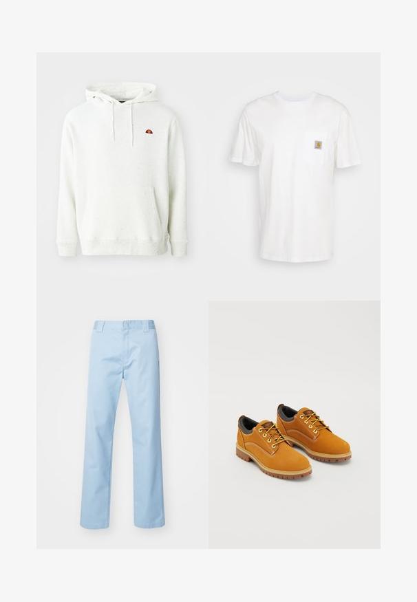 Weiß gesprenkelter Kapuzenpullover mit einer Fronttasche, verstellbarem Kordelzug an der Kapuze und einem kleinen mehrfarbigen Logo auf der linken Brust.; Weißes Baumwoll-T-Shirt mit kurzen Ärmeln, einer Brusttasche und einem kleinen quadratischen Logopatch in Orange und Weiß auf der Tasche.; Helleblau geradlinige Hose aus Baumwollmischgewebe. Verfügt über einen flachen Bund, Seitentaschen und keine sichtbaren Muster oder Verzierungen.; Braune Wildlederschuhe mit einer runden Zehenpartie, gelben Schnürsenkeln, einem gepolsterten schwarzen Kragen und Gummisohlen mit Rillen für besseren Halt.