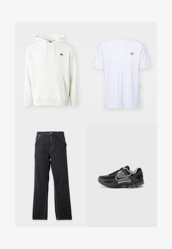 Biela mikina s bodkami, prednou vreckou, nastaviteľnou kapucňou na šnúrky a malým viacfarebným logom na ľavej hrudi.; Biela bavlnená tričko s výstrihom do V a krátkymi rukávmi. Má malé farebne vyšívané logo na ľavej strane hrudi. Mäkká textúra.; Čierne rifle s rovnými nohavicami, prednými vreckami, pútkami na opasok a viditeľným bielym prešitím na jednoduchom svetlosivom pozadí.; Čierna športová obuv s panelmi z sieťoviny a syntetickými detailmi. Má zaoblenú špičku, hrubú odpruženú podrážku a kontrastné biele logo.