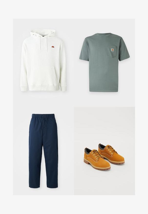 Weiß gesprenkelter Kapuzenpullover mit einer Fronttasche, verstellbarem Kordelzug an der Kapuze und einem kleinen mehrfarbigen Logo auf der linken Brust.; Hellgrünes, kurzärmeliges T-Shirt aus Baumwolle mit einer Brusttasche, die einen Logo-Patch trägt. Weiche Textur und klassisches Rundhalsausschnitt-Design.; Marineblaue Hose aus glattem Stoff mit elastischem Bund und Knopf, geraden Beinen und ohne sichtbare Muster oder Hardware.; Braune Wildlederschuhe mit einer runden Zehenpartie, gelben Schnürsenkeln, einem gepolsterten schwarzen Kragen und Gummisohlen mit Rillen für besseren Halt.