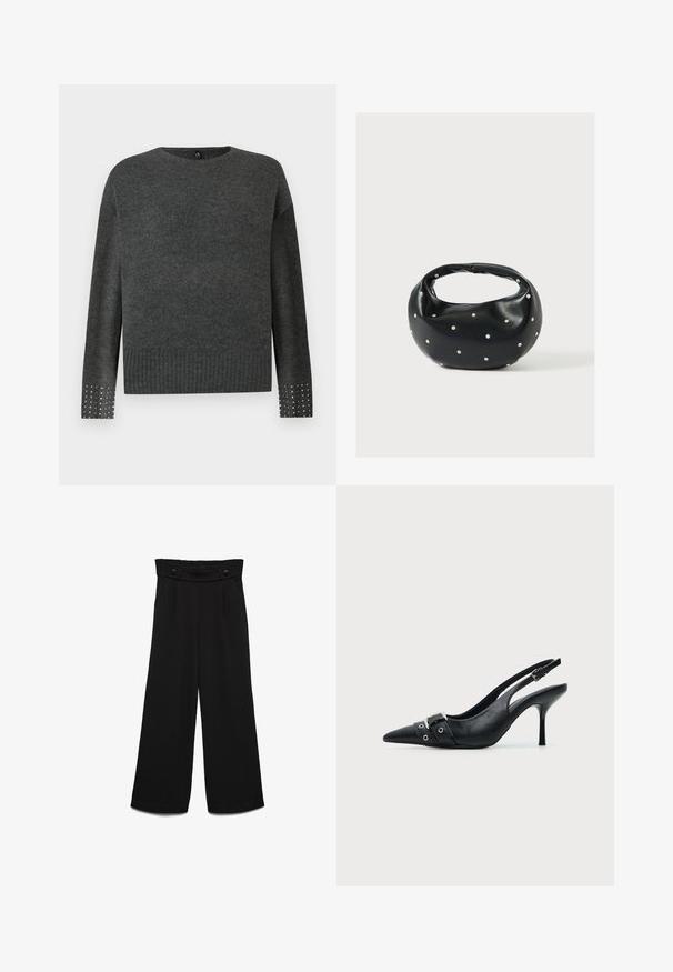 Grijze gebreide trui met een ronde hals, lange mouwen, geribbelde onderkant en versierde manchetten met zilveren studs voor extra detail.; Zwarte broek met wijde pijpen en een hoge tailleband, voorzien van twee knopen aan de voorkant en een gladde textuur. Rechte snit met plooien aan de voorkant.; Zwarte leren pumps met hoge hak en slingback, met een puntige neus en een gesp- en oogjesriem detail aan de voorkant.; Zwarte leren handtas met een afgeronde vorm, versierd met zilveren studs, en een korte handgreep. Gladde textuur en ritsluiting.
