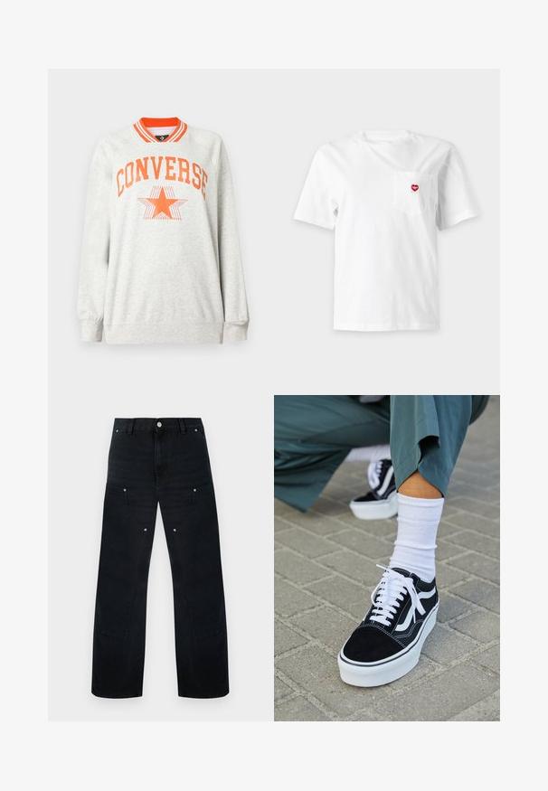 Sweat-shirt à manches longues gris clair avec col rayé orange et texte "CONVERSE" ainsi que logo étoile en orange sur la poitrine.; T-shirt blanc à manches courtes avec une petite poche poitrine présentant un logo rouge en forme de cœur sur un fond uni clair.; Pantalon en denim noir à jambes larges avec une taille haute, présentant des coutures discrètes, deux poches avant et des accents de ferrures métalliques.; Baskets en suède noir avec des accents et des lacets blancs, présentant une épaisse semelle blanche et des coutures contrastantes, associées à une chaussette blanche.