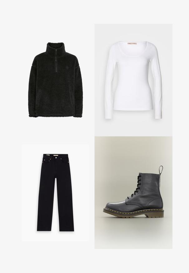 Sort fleece pullover med en lynlås krave, blød, struktureret overflade og en afslappet pasform. Har syninger langs kanten og ærmerne.; Langærmet hvid bomulds T-shirt med rund halsudskæring og tætsiddende design, med glat tekstur og uden udsmykninger.; Sorte denim jeans med lige pasform, fem lommer, kobberdetaljer og en glat tekstur. To mærker synlige på taljebåndet.; Sort læderkampstøvle med 8 snørehuller, gummisål, gul syning og en træksløjfe bagpå. Har en struktureret overdel.