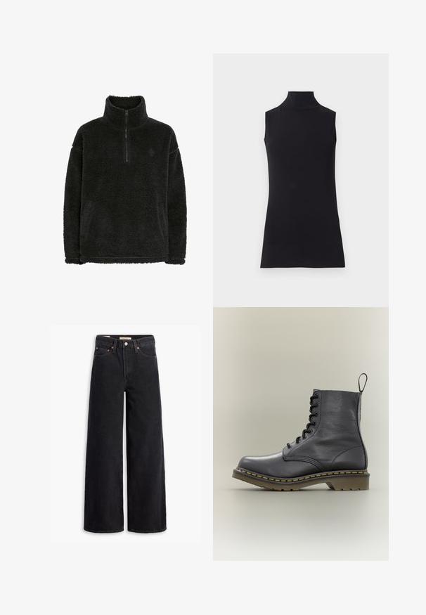 Sudadera de forro polar negra con cuello con cremallera, superficie suave y texturizada, y un ajuste relajado. Presenta costuras a lo largo del dobladillo y los puños.; Top negro sin mangas con cuello alto, hecho de una tela suave. Diseño ajustado con cuello alto y dobladillo recto, minimalista y de color sólido.; Jeans de pierna ancha negros hechos de denim, con cinco bolsillos, remaches de cobre y un cierre clásico de botón. Textura suave con un diseño limpio.; Bota de combate de cuero negro con 8 ojales, suela de goma, costuras amarillas y una lengüeta en la parte trasera. Presenta una parte superior texturizada.