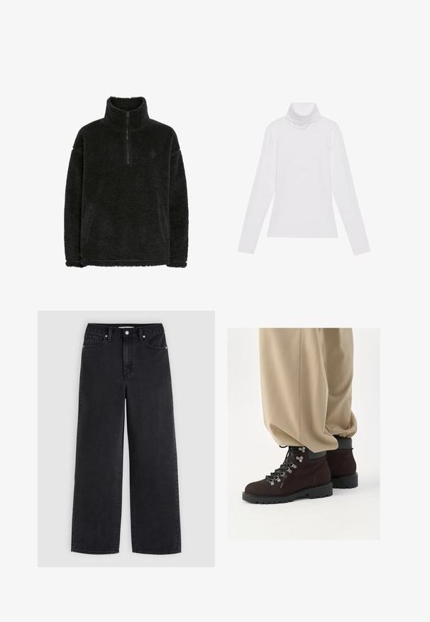 Schwarzer Fleece-Pullover mit einem Reißverschlusskragen, weicher, strukturierter Oberfläche und bequemer Passform. Verfügt über eine Naht entlang des Saums und der Bündchen.; Weißes Langarm-Turtleneck-Oberteil aus glattem, elastischem Stoff. Mit hohem Kragen und tailliertem Schnitt, ohne sichtbare Muster oder Verzierungen.; Schwarze Jeans mit weitem Bein, vorn mit Knopf und Reißverschluss, Gürtelschlaufen und Fünf-Taschen-Design auf hellgrauem Hintergrund.; Braune Wildleder-Wanderstiefel mit schwarzen Gummisohlen, Metallösen und Schnürsenkeln. Kombiniert mit weiten beigen Hosen, die den unteren Teil des Outfits zeigen.