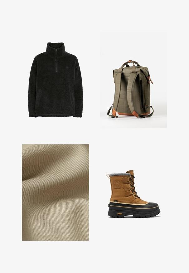 Schwarzer Fleece-Pullover mit einem Reißverschlusskragen, weicher, strukturierter Oberfläche und bequemer Passform. Verfügt über eine Naht entlang des Saums und der Bündchen.; Beiger, strukturiertes Gewebe mit feinem, geripptem Muster. Das Material wirkt glatt mit einem subtilen Glanz und fällt sanft in Falten.; Hellbrauner Lederstiefel mit grauem Filzkragen, schwarzer Gummisohle, sichtbarer Schnürung und Vibram-Logo an der Ferse. Ausgestattet mit wasserdichten Materialien.; Olivgrüner Rucksack mit gepolsterten Schultergurten, oberen Tragegriffen, seitlicher Reißverschlusstasche und braunen Lederakzenten an den Gurtenden und am Boden.