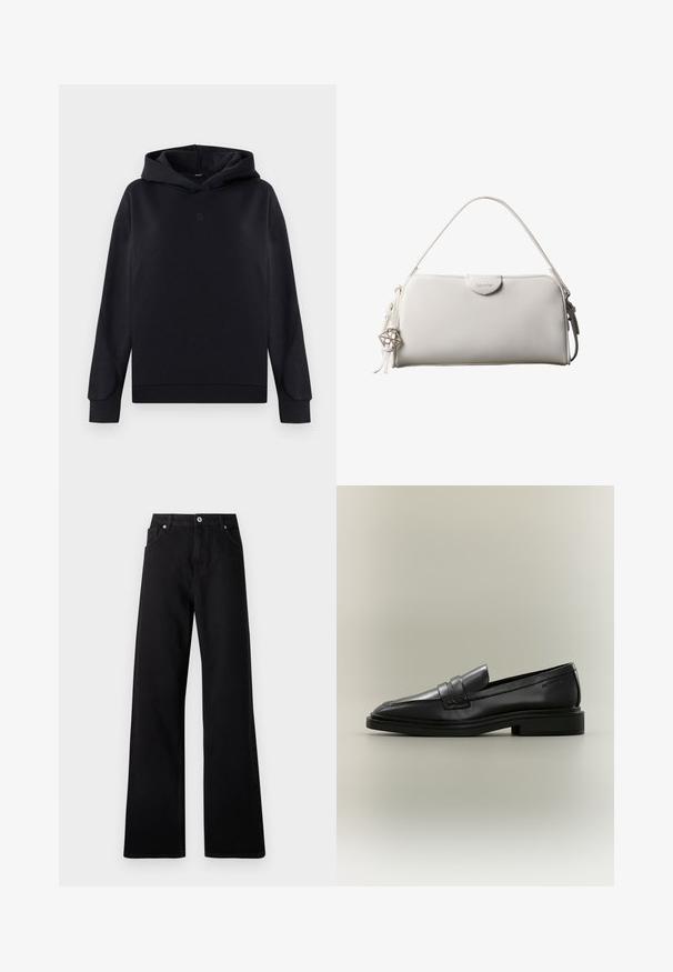 Zwarte hoodie van een katoenmix. Heeft een ontspannen pasvorm, lange mouwen en een klein logo in het midden. Soepele textuur.; Zwarte wide-leg jeans van denim met een vijf-pockets ontwerp, voorste knoopsluiting en subtiele stikdetails.; Zwarte leren penny loafer met lage hak, afgeronde neus en gestikte details op een neutrale achtergrond.; Witte rechthoekige Calvin Klein handtas met enkele handgreep, minimalistisch ontwerp en decoratieve kwastjes met geometrische metalen hanger aan de zijkant.