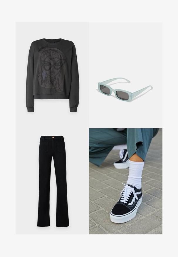 Zwarte sweatshirt met lange mouwen, met een grote grafische afbeelding van een gezicht met een bril en rafelige randen. Geribbelde manchetten en halslijn.; Zwarte hoge taille straight-leg jeans met voorzakken en een koperen knoopsluiting op een neutrale achtergrond.; Zwarte suède sneaker met witte accenten en veters, uitgerust met een dikke witte zool en contrasterende stiksels, gecombineerd met een witte sok.; Een paar rechthoekige zonnebrillen met lichtblauwe doorzichtige monturen en donkergrijze glazen, met rechte pootjes en minimale hardwaredetails.