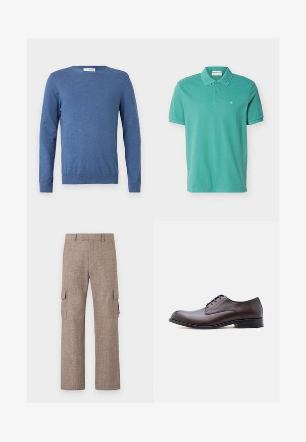 Blå langærmet sweater lavet af blød stof. Har en rund halsudskæring, ribbede manchetter og en tætsiddende design uden mønstre eller ekstra detaljer.; Teal kortærmet polo t-shirt med krave og to knapper, med lille hvidt "cK" logo på venstre bryst.; Brune cargo-bukser med lige ben, sidelommer med klap og bæltestropper, fremstillet i et tekstureret stof.; Brun lædersko til mænd med sort sål, snørelukning og diskret præget mærkelogo på hælen mod hvid baggrund.
