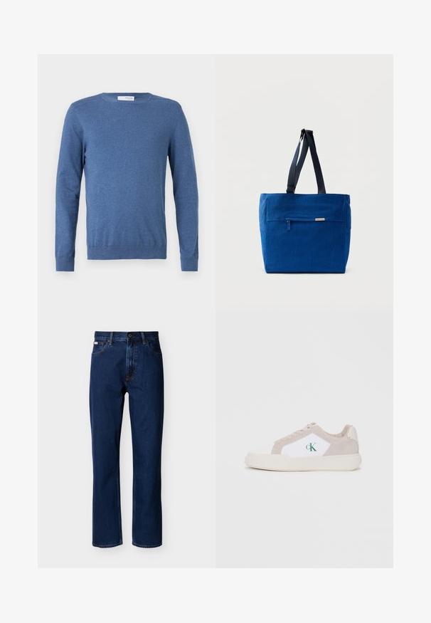 Pull bleu à manches longues en tissu doux. Il présente un col ras du cou, des poignets côtelés et une coupe ajustée sans motifs ni détails supplémentaires.; Jean droit bleu foncé en denim, avec un design classique à cinq poches, des coutures discrètes et une fermeture avant à boutons.; Baskets blanches et beiges, composées de daim et de toile, avec un design superposé, un bout arrondi, un système de laçage et un détail de logo vert.; Sac fourre-tout en toile bleue avec une poche zippée à l'avant, des doubles bretelles et une forme rectangulaire. Dispose d'une étiquette de marque discrète.
