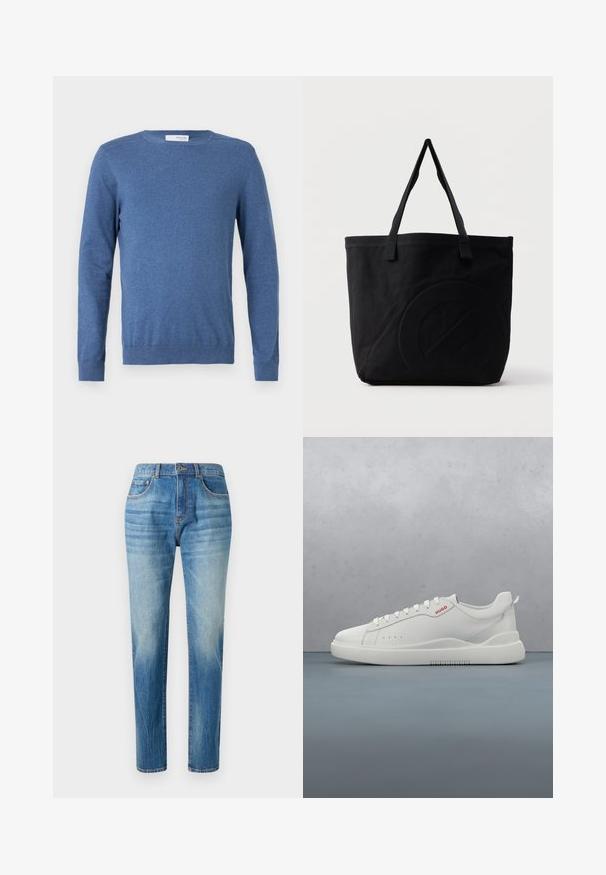 Blaues Langarm-Pullover aus weichem Stoff. Verfügt über einen Rundhals, gerippte Bündchen und eine taillierte Passform ohne Muster oder zusätzliche Verzierungen.; Hellblaue Denim-Jeans im geraden Schnitt, mit hoher Taille, subtiler Auswaschung und klassischem Fünf-Taschen-Design. Metallknopfverschluss.; Weiße Sneaker aus glattem Leder, runde Spitze, vier Ösen, dezente Perforationen und ein rotes Logodetail an der Seite.; Schwarze Canvas-Shopper-Tasche mit zwei Schulterriemen und einem dezenten, eingeprägten kreisförmigen Design auf der Vorderseite.