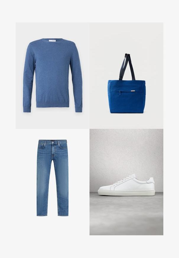 Blauwe trui met lange mouwen gemaakt van een zachte stof. Heeft een ronde hals, geribbelde manchet en een getailleerd ontwerp zonder patronen of extra details.; Blauwe recht gesneden denim jeans met vijf zakken, knoop- en ritssluiting, en subtiele vervaging op de dijen.; Witte sneaker met een gladlederen bovenwerk en een laag profiel. Voorzien van een ronde neus, zes vetergaatjes en een gestructureerde rubberen zool.; Blauwe canvas boodschappentas met een voorvak met rits, dubbele schouderbanden en een rechthoekige vorm. Heeft een subtiel merklabel.