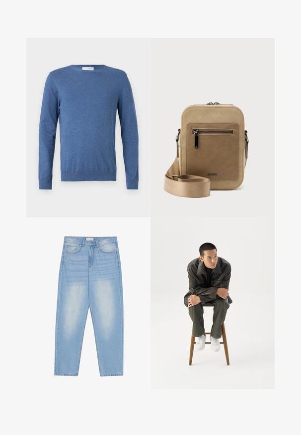 Blaues Langarm-Pullover aus weichem Stoff. Verfügt über einen Rundhals, gerippte Bündchen und eine taillierte Passform ohne Muster oder zusätzliche Verzierungen.; Hellblaue Denim-Jeans mit lockerer Passform, die über fünf Taschen, dezente Ausbleichungen und Nähte entlang der Säume verfügen.; Junger Mann in dunkler Lederjacke und Jeans sitzt auf einem Holzstuhl, lehnt sich mit verschränkten Armen nach vorne und schaut seitlich vor weißem Hintergrund.; Kleine beige Umhängetasche mit vorderer Reißverschlusstasche, metallischem ALDO-Logo, verstellbarem breitem Riemen und abgerundeter rechteckiger Form vor weißem Hintergrund.
