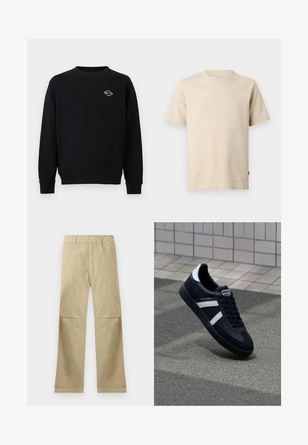 Sweat-shirt noir à manches longues avec col ras du cou, poignets et ourlet côtelés, arborant un petit logo blanc « Replay » sur le côté gauche de la poitrine.; T-shirt beige à manches courtes et col rond en coton avec couture minimale et petit logo ton sur ton sur le côté gauche de la poitrine.; Pantalons beiges à jambe droite avec une fermeture à bouton-pression, passants de ceinture et détails de couture aux genoux, posés à plat sur un fond blanc.; Sneaker en cuir noir avec des rayures blanches, semelle en caoutchouc texturée et devant à lacets. Présente une étiquette de marque sur la languette.