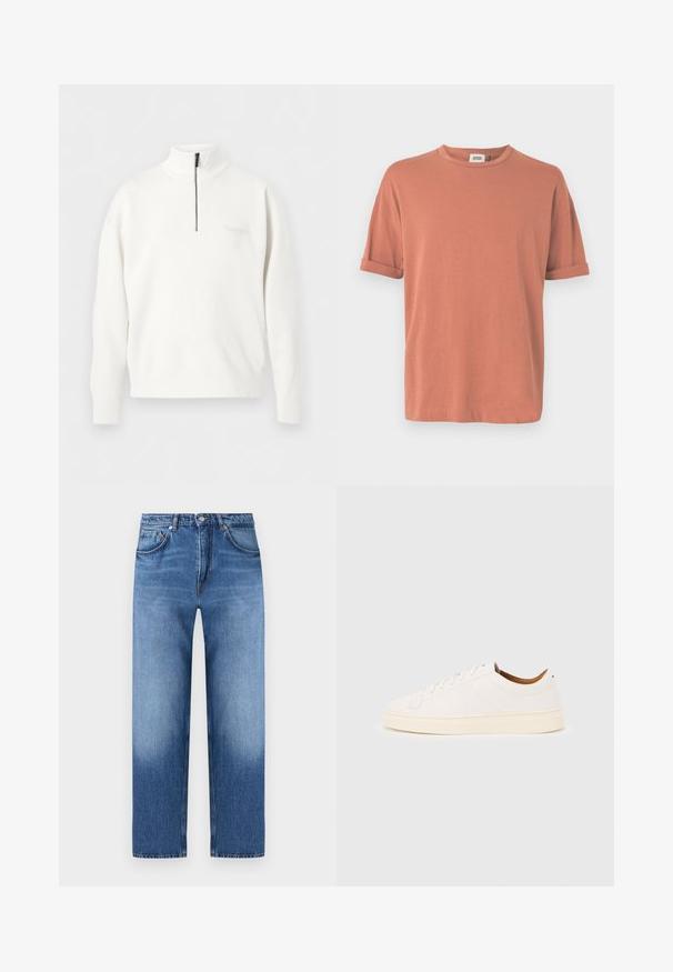 Pull-over blanc à manches longues avec un col montant et une fermeture éclair partielle noire au centre devant.; T-shirt à manches courtes de couleur rose poussière, en tissu doux, avec un col rond et des manches retroussées, offrant une coupe décontractée.; Jean en denim bleu à jambes droites avec un design classique à cinq poches et une fermeture à boutons, présentant des détails subtilement délavés sur les cuisses et les genoux.; Baskets blanches basses avec un design à lacets, des détails de couture minimalistes, et une semelle couleur crème sur un fond gris clair.