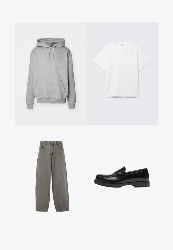Grå hættetrøje i blødt stof med kængurulomme og ribkanter ved ærmerne. Har snøre til justerbar hætte.; Hvid kortærmet crewneck T-shirt lagt fladt ud, ensfarvet design, med "WEEKDAY" mærkat inde i kraven på en lys baggrund.; Grå denim bukser med høj talje, brede ben, klassisk fem-lomme design og knaplukning foran. Let struktureret finish.; Sort læderloafer med en kraftig gummisål og klassiske penny-strap detaljer, vist fra ydersiden.