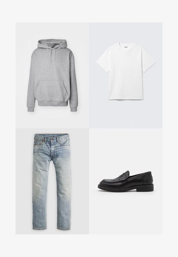 Grå hættetrøje i blødt stof med kængurulomme og ribkanter ved ærmerne. Har snøre til justerbar hætte.; Hvid kortærmet crewneck T-shirt lagt fladt ud, ensfarvet design, med "WEEKDAY" mærkat inde i kraven på en lys baggrund.; Lysblå lige ben denimjeans med knaplukning, forlommer og løkker til bælte, vist fladt på hvid baggrund.; Sorte læder loafers med en rund tå, tonale syninger og en stropdetalje foran. Gummisål med en lav hæl.