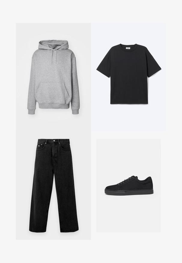 Grå hættetrøje i blødt stof med kængurulomme og ribkanter ved ærmerne. Har snøre til justerbar hætte.; Sort T-shirt med korte ærmer og rund hals med afslappet pasform, forfra, ensfarvet design og synligt Weekday-mærke inde i kraven.; Sort bredde bukser lavet af denim, med knaplukning og frontlommer. Diskret varemærkeblik på taljebåndet. Mat tekstur.; Sort lavtop sneaker med snørelukning foran og flad gummisål, vist fra siden på en hvid baggrund.