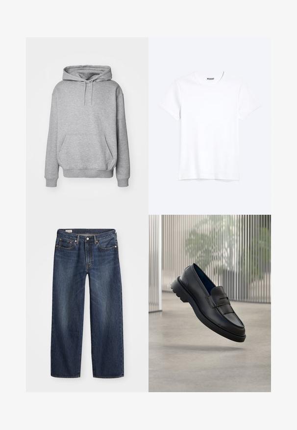 Grå hættetrøje i blødt stof med kængurulomme og ribkanter ved ærmerne. Har snøre til justerbar hætte.; Enkelt hvid T-shirt med korte ærmer og rund hals med synligt WEEKDAY-mærke i kraven, vist på en lys baggrund.; Mørkeblå denim jeans med lige ben, fem-lomme design, metalknap og lynlåsgylf samt subtile slidmærker.; Sorte læder loafers med en glat finish, der har en dekorativ rem og et tekstureret panel foran samt en tekstureret gummisål.