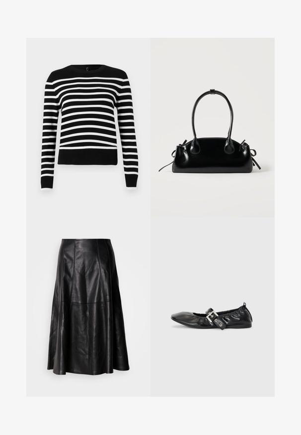 Suéter a rayas en blanco y negro con cuello redondo, mangas largas y dobladillo acanalado. Material de punto suave, con rayas anchas y estrechas de manera alterna.; Falda de cuero negro con una silueta acampanada, que presenta costuras visibles y una textura suave. Diseño de longitud media con un corte clásico.; Zapato plano de piel negra con puntera afilada, detalle fruncido alrededor de la abertura y un acento de hebilla plateada en la correa ajustable.; Pequeño bolso negro brillante con dos asas largas y detalles de cordón lateral sobre un fondo claro liso.