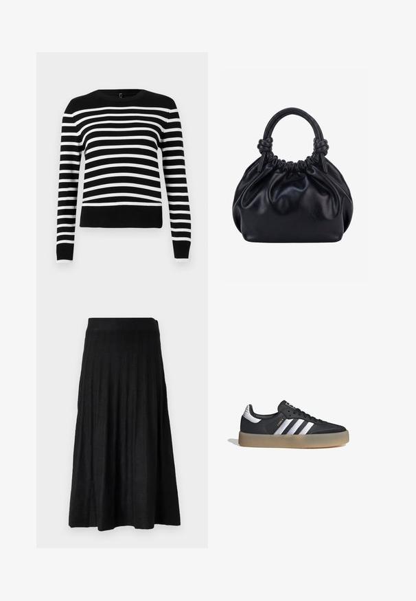 Suéter a rayas en blanco y negro con cuello redondo, mangas largas y dobladillo acanalado. Material de punto suave, con rayas anchas y estrechas de manera alterna.; Falda plisada negra hecha de un tejido suave, con una cinturilla acanalada y un diseño fluido que llega hasta la mitad de la pantorrilla.; Zapatilla deportiva de cuero negro con tres rayas plateadas, punta texturizada y suela de goma. Cuenta con un collar acolchado y un diseño con cordones.; Bolso de mano de cuero negro suave con parte superior fruncida y dos asas gruesas atadas en nudos sobre un fondo claro y liso.
