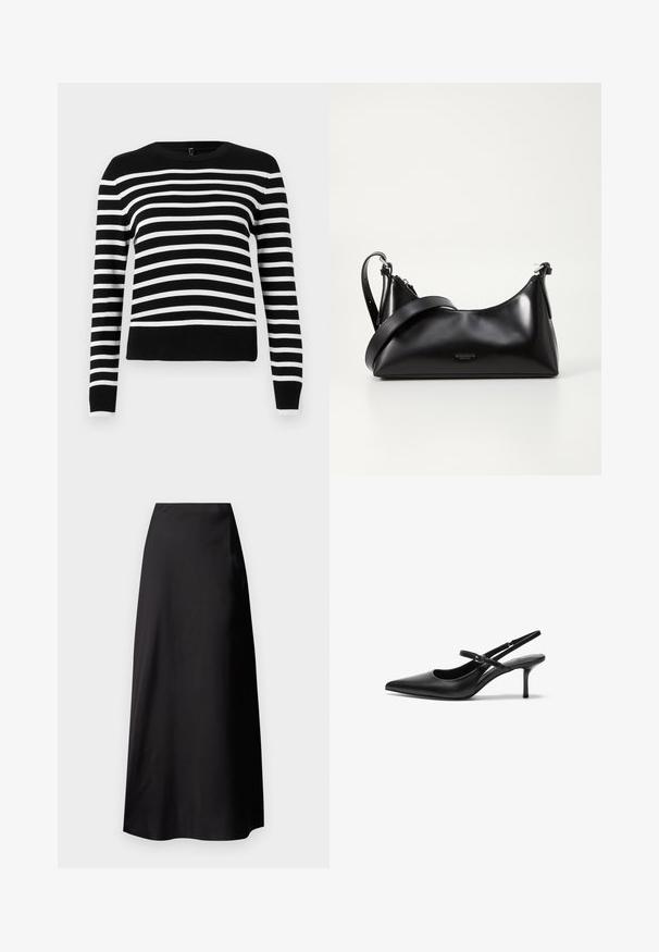 Pull rayé noir et blanc avec un col rond, des manches longues et un ourlet côtelé. En maille douce, présentant des rayures alternées larges et étroites.; Jupe maxi en satin noir avec une texture lisse, taille haute, silhouette fluide et sans motifs ni détails en métal visibles.; Talons aiguilles noires en cuir avec un bout pointu, une fine bride réglable, et un talon aiguille d'environ 5 cm, texture lisse.; Sac à main en cuir noir avec une texture lisse. Dispose d'une bandoulière adjustable et d'un design élégant et minimaliste avec une fermeture éclair.