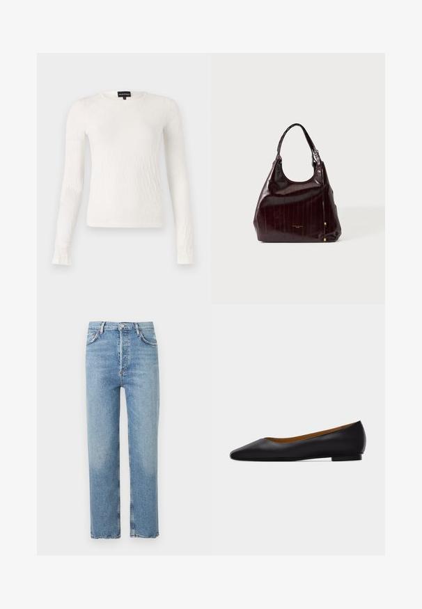 Witte lange mouwen top met een textuur, geweven patroon. Ronde halslijn en slim fit ontwerp. Zachte stof met een lichte glans.; Lichtblauwe jeans met hoge taille en rechte pijpen, voorzien van knoop- en ritssluiting aan de voorkant, voor- en achterzakken en riemlussen.; Zwarte leren puntschoen met lage hak en gladde afwerking, zijaanzicht op een lichtgrijze achtergrond.; Donkerbruine glanzende leren handtas met een enkele hengsel en subtiele geperste verticale strepen, afgebeeld tegen een effen lichte achtergrond.