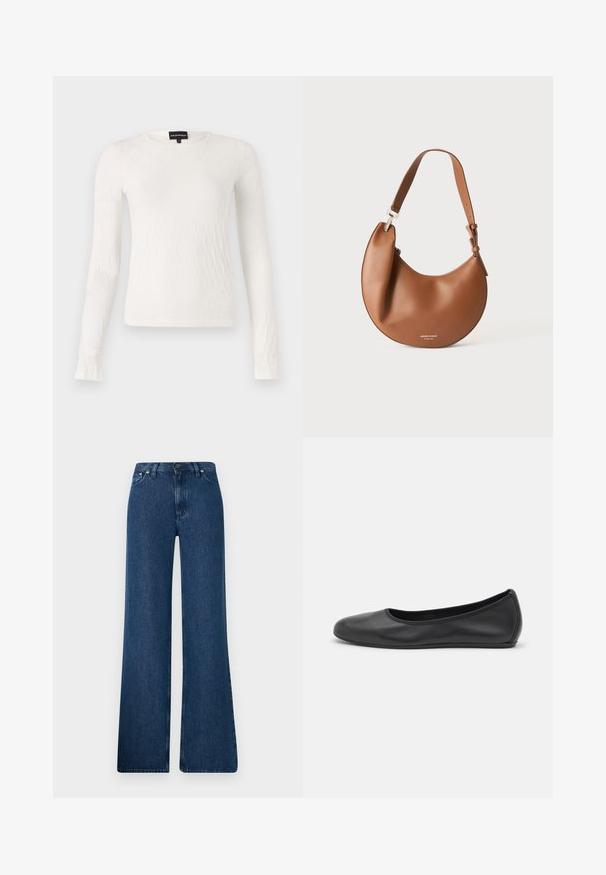 Hvidt langærmet top med et struktureret, vævet mønster. Rund hals og tætsiddende design. Blødt stof med let glans.; Blå denim flared jeans med høj talje, fem-lomme design og metalknaplukning. Glat tekstur, afslappet stil og minimal syning.; Sort læderballetsko med rund tå, glat tekstur, minimal syning og et fleksibelt såldesign.; Brun læder skuldertaske formet som en halvmåne med justerbar rem og lille sølv logo tekst i bunden midt.